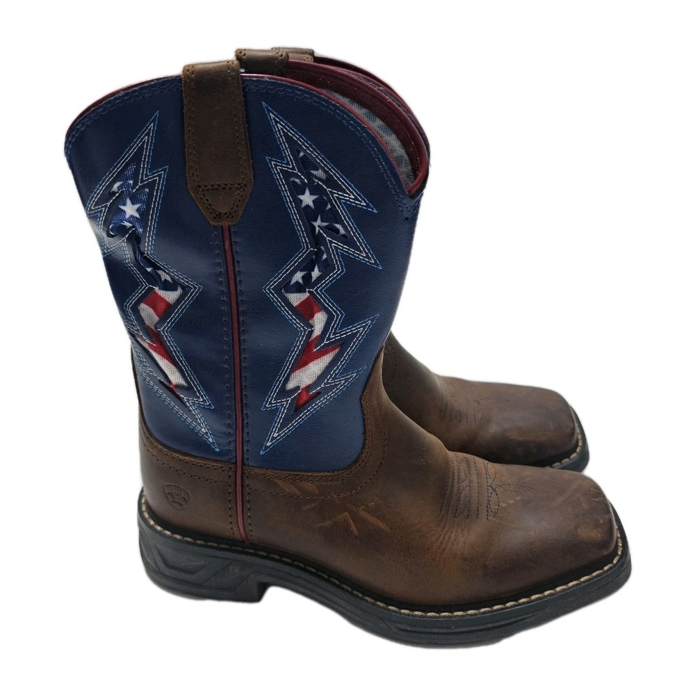 Ariat Kids WorkHog XT VentTEK Bolt Flag Western Boots Brown Blue 10044436 Sz 1